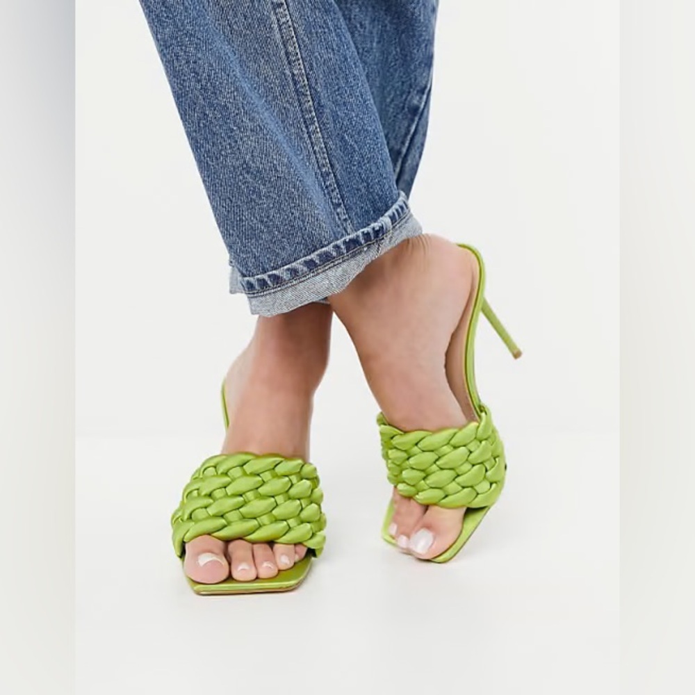 NEW Simmi London Brandy Bright Green Satin Woven Open Toe Slide On Mules Heels - Picture 2 of 10